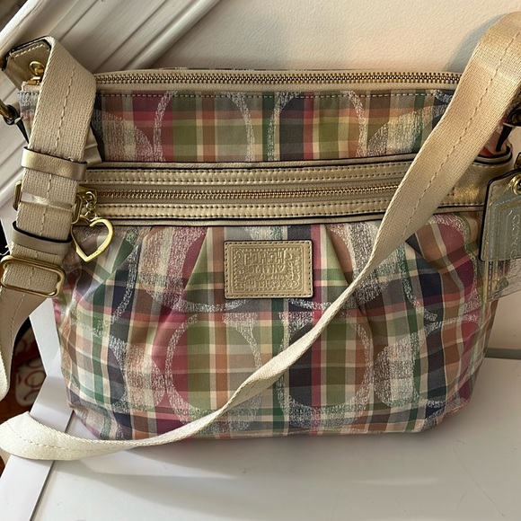 COACH POPPY DAISY MADRAS PASTEL TARTAN PLAID CROSSBODY BAG F22146 - Picture 2 of 9